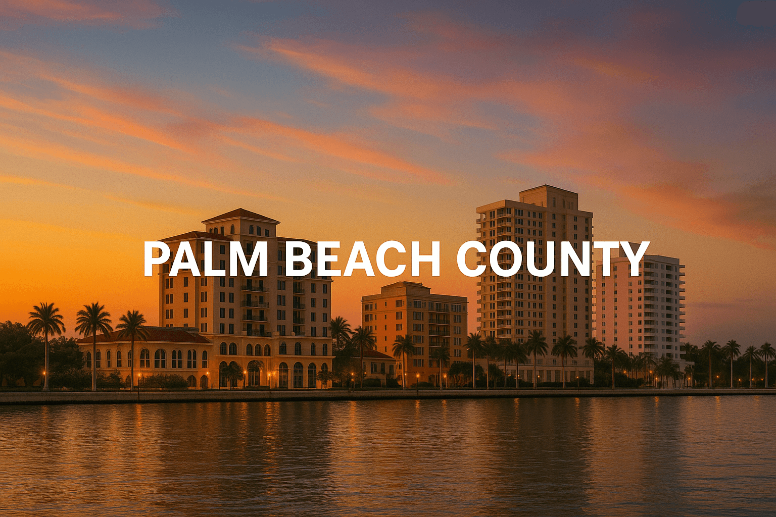 Coastal buildings and palm trees in Palm Beach at sunset.